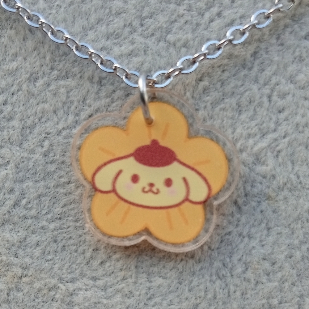 2/$10 Sanrio Pompompurin Flower Acrylic Charm Necklace Stainless Steel